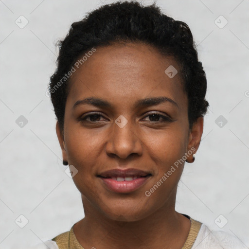 Joyful black young-adult female with short  brown hair and brown eyes
