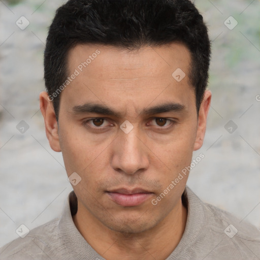 Neutral asian young-adult male with short  black hair and brown eyes