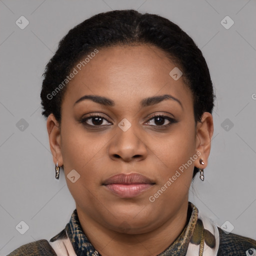 Joyful latino young-adult female with short  brown hair and brown eyes