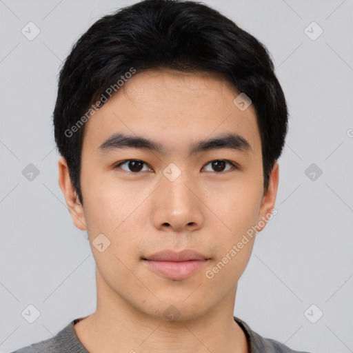 Neutral asian young-adult male with short  black hair and brown eyes