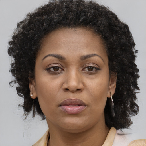 Joyful black young-adult female with medium  brown hair and brown eyes