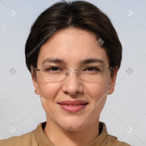 Joyful white adult female with short  brown hair and brown eyes