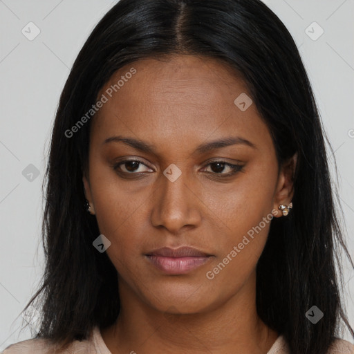 Neutral asian young-adult female with long  brown hair and brown eyes