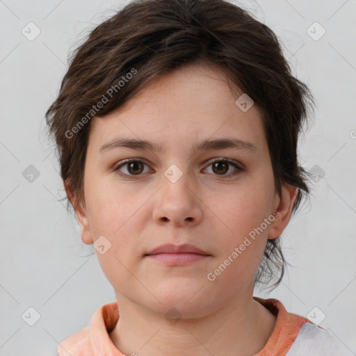 Neutral white young-adult female with medium  brown hair and brown eyes