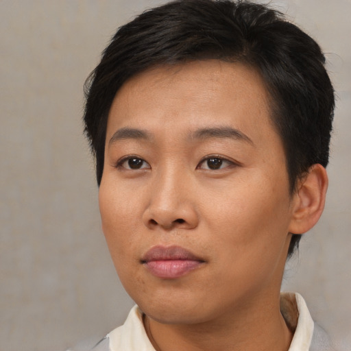 Neutral asian young-adult female with short  brown hair and brown eyes