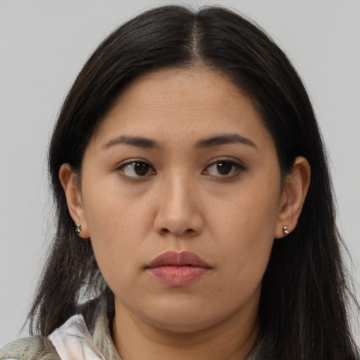 Neutral asian young-adult female with long  brown hair and brown eyes