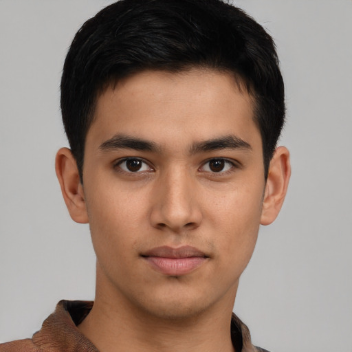 Neutral asian young-adult male with short  brown hair and brown eyes