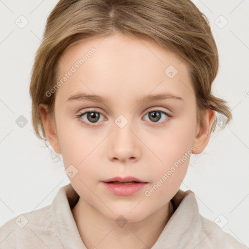 Neutral white child female with medium  brown hair and grey eyes