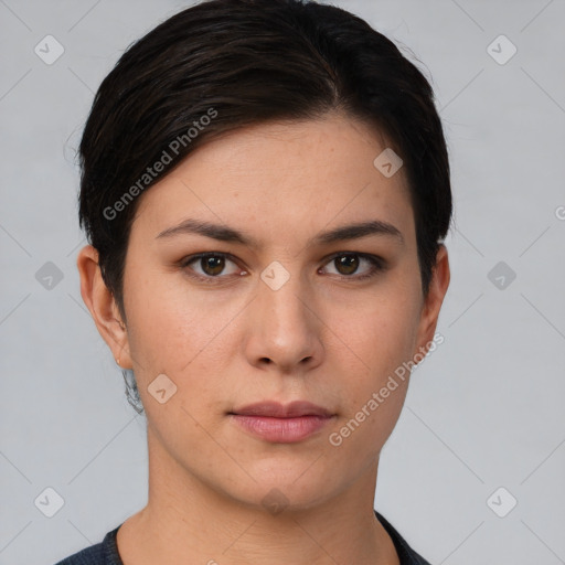 Neutral white young-adult female with short  brown hair and brown eyes