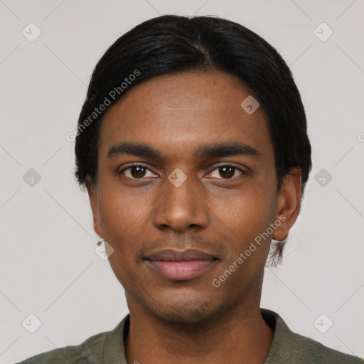 Neutral black young-adult male with short  black hair and brown eyes