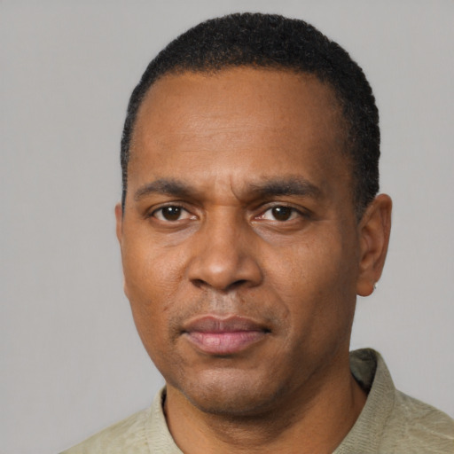 Neutral black adult male with short  black hair and brown eyes