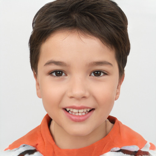 Joyful white child female with short  brown hair and brown eyes