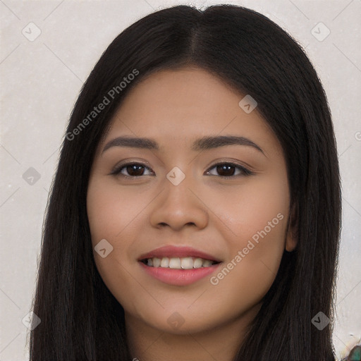 Joyful white young-adult female with long  black hair and brown eyes