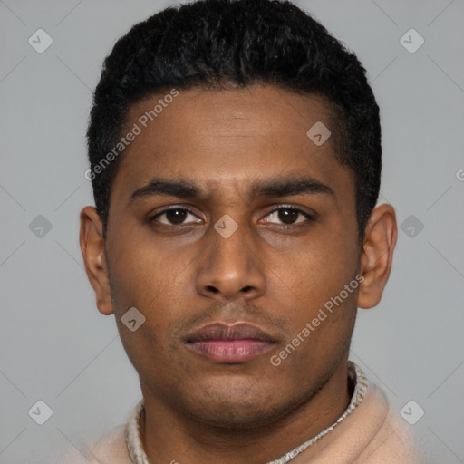 Neutral latino young-adult male with short  brown hair and brown eyes