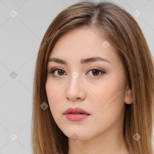 Neutral white young-adult female with long  brown hair and brown eyes