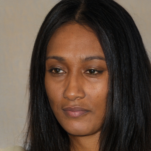 Neutral asian young-adult female with long  black hair and brown eyes
