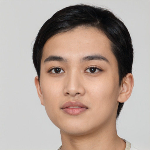 Neutral latino young-adult female with short  black hair and brown eyes