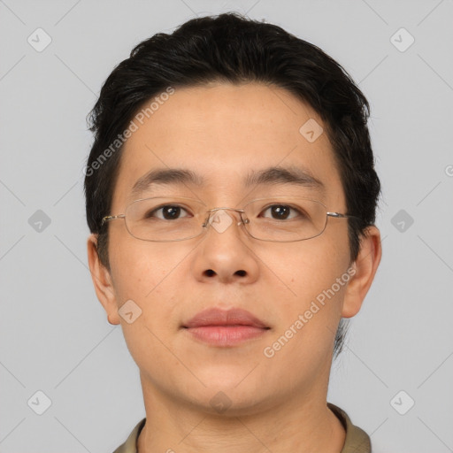 Neutral asian young-adult male with short  brown hair and brown eyes