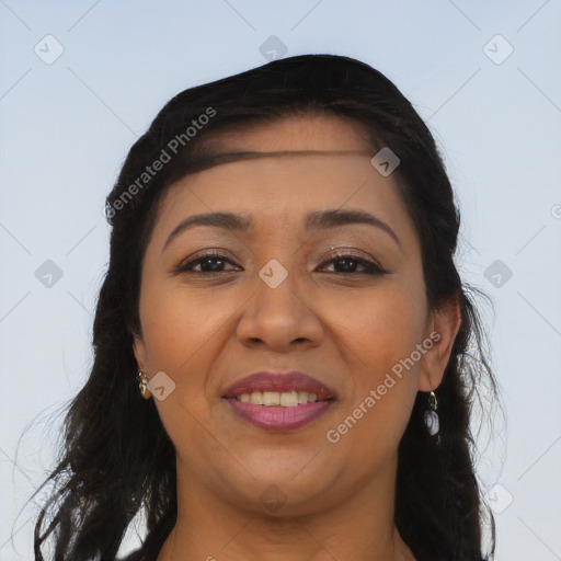Joyful latino young-adult female with long  brown hair and brown eyes