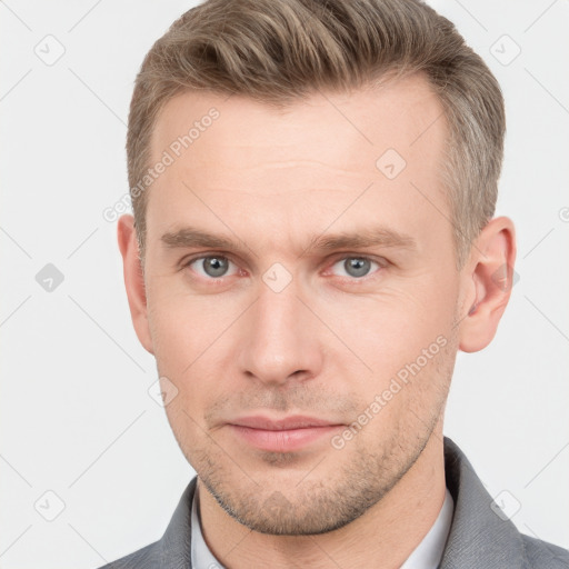 Neutral white young-adult male with short  brown hair and grey eyes