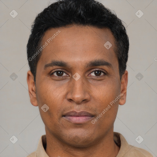 Neutral black young-adult male with short  black hair and brown eyes