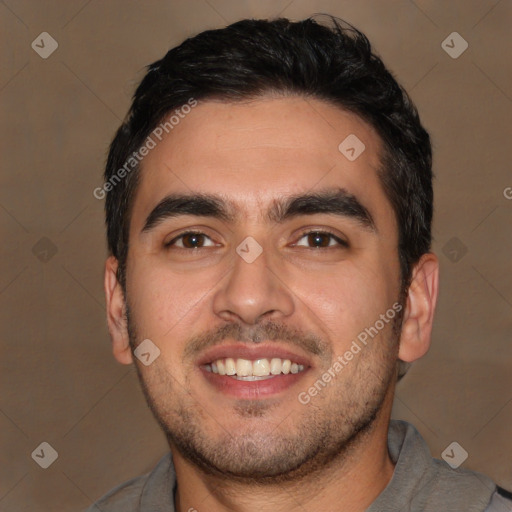 Joyful white young-adult male with short  black hair and brown eyes