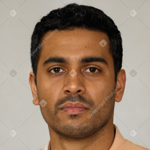 Neutral latino young-adult male with short  black hair and brown eyes