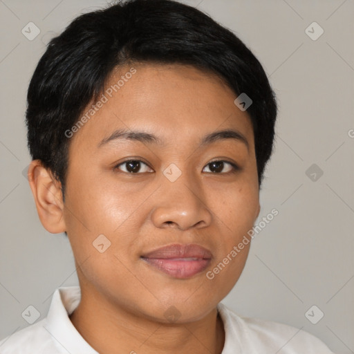 Joyful latino young-adult female with short  brown hair and brown eyes