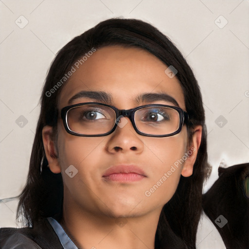 Neutral asian young-adult female with medium  brown hair and brown eyes