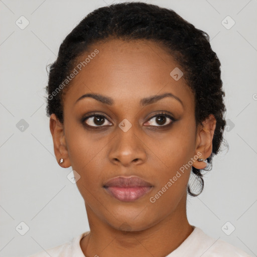 Neutral black young-adult female with short  black hair and brown eyes