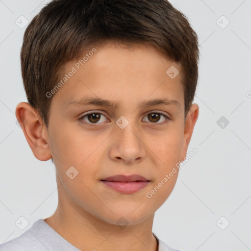 Joyful white child male with short  brown hair and brown eyes