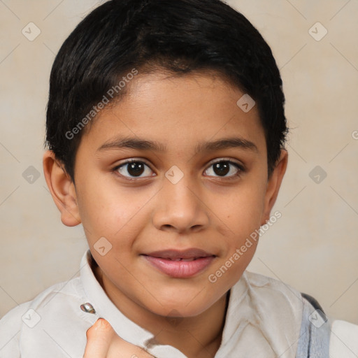 Joyful latino child female with short  brown hair and brown eyes