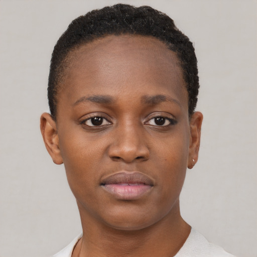 Neutral black young-adult female with short  brown hair and brown eyes