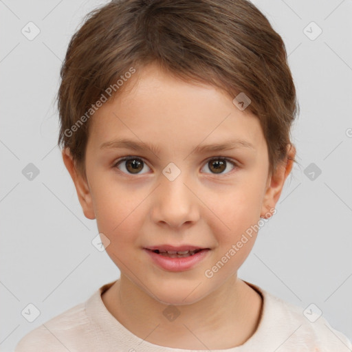 Joyful white child female with short  brown hair and brown eyes