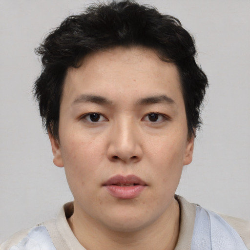 Neutral asian young-adult female with short  black hair and brown eyes