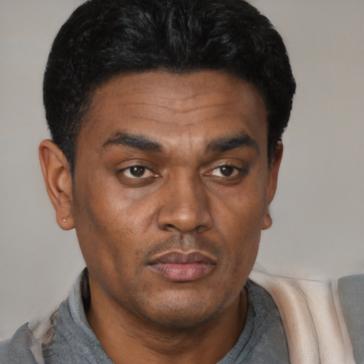 Neutral black adult male with short  black hair and brown eyes