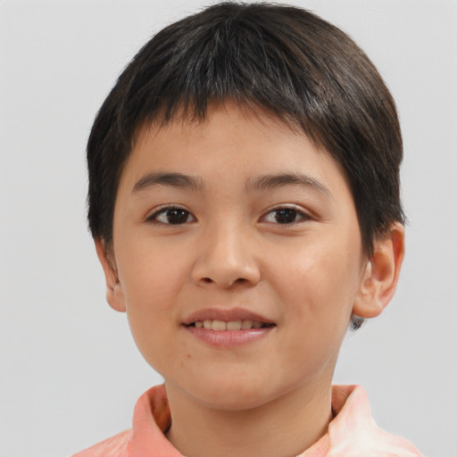 Joyful asian child female with short  brown hair and brown eyes