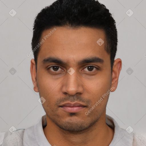 Neutral latino young-adult male with short  black hair and brown eyes