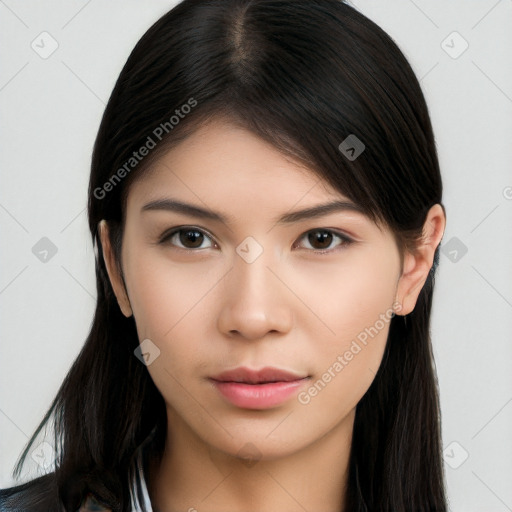 Neutral white young-adult female with long  brown hair and brown eyes