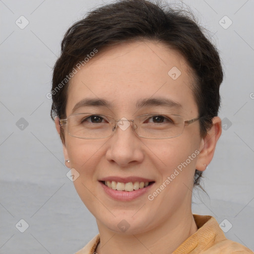 Joyful white adult female with short  brown hair and brown eyes