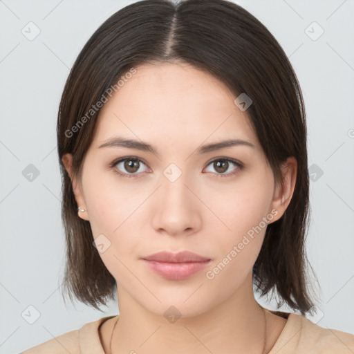 Neutral white young-adult female with medium  brown hair and brown eyes