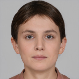 Neutral white young-adult female with short  brown hair and brown eyes