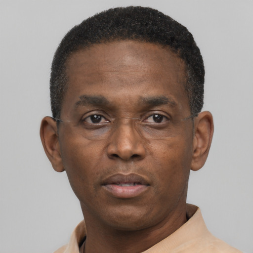 Neutral black adult male with short  black hair and brown eyes