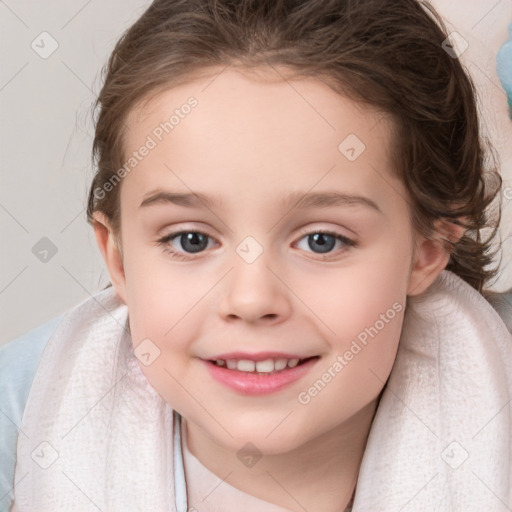 Joyful white child female with medium  brown hair and blue eyes