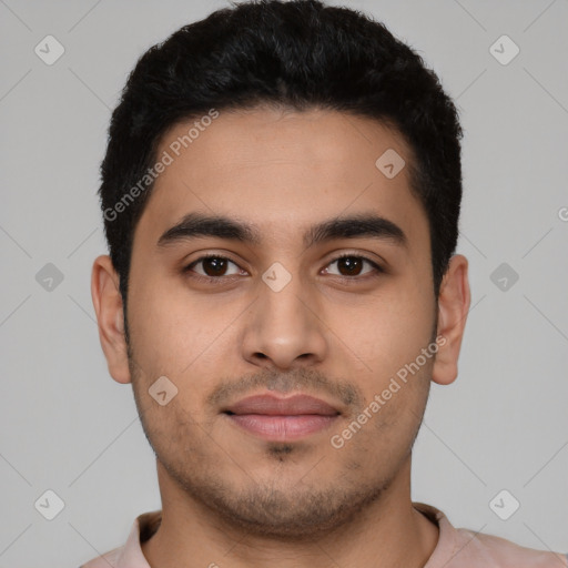 Neutral latino young-adult male with short  black hair and brown eyes