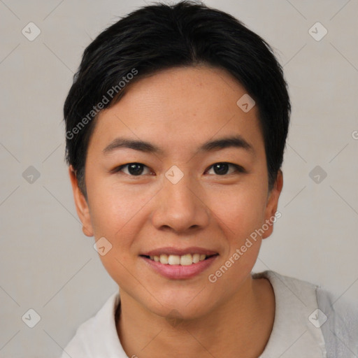 Joyful asian young-adult female with short  black hair and brown eyes