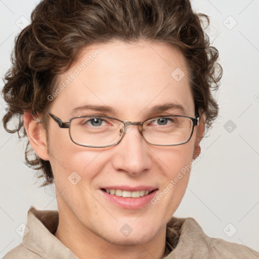 Joyful white adult female with short  brown hair and blue eyes