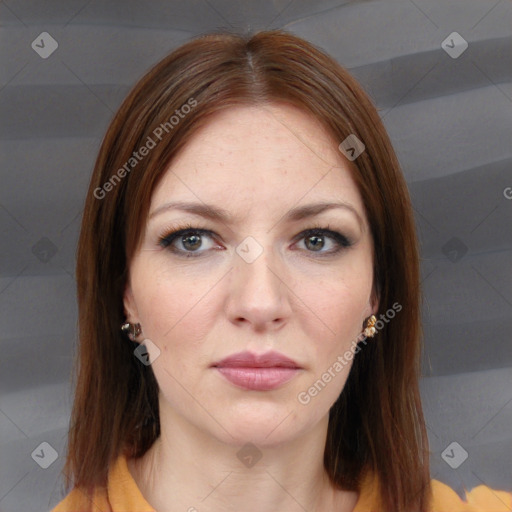 Neutral white young-adult female with medium  brown hair and brown eyes