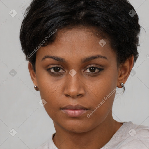 Neutral asian young-adult female with short  brown hair and brown eyes