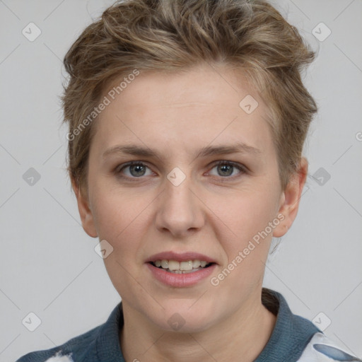 Joyful white young-adult female with short  brown hair and grey eyes